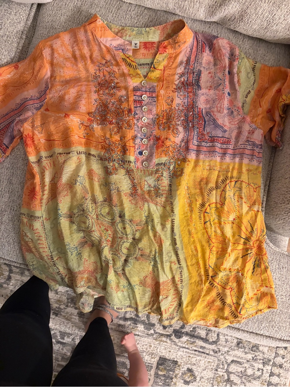 Boho Patchwork Button-Front Women’s Top in Orange & Yellow